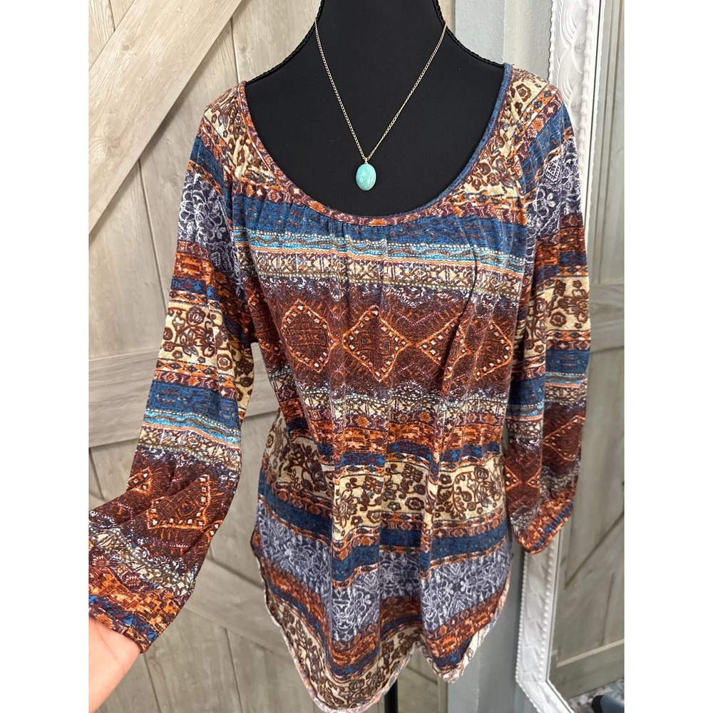 Tru Self Women XL Boho Tapestry Print Tunic Top Rust Blue 3/4 Sleeve Scoop Neck